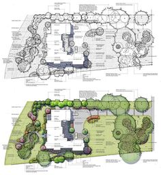 two plans for a garden with trees and bushes