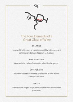 the four elements of a great glass of wine info sheet with instructions on how to use it