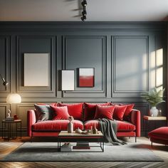 a living room filled with red couches and chairs next to a wall covered in black paneling