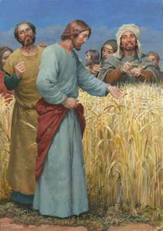 a painting of jesus and two men standing in a wheat field with other people looking at him