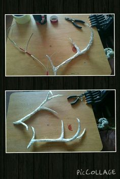 two pictures showing how to make a deer head out of yarn and scissors on a table