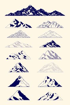 the mountain range is shown in blue and white, as well as several different types of mountains