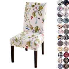 an upholstered chair with many different designs on the back and sides, all in various colors