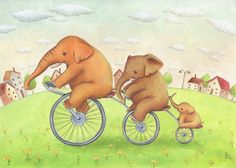 two elephants riding on the back of a bicycle