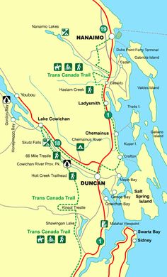 a map of the trail from vancouver to prince's island, with locations marked in green