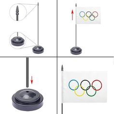 four different views of the olympic rings and flagpoles with arrows pointing to them