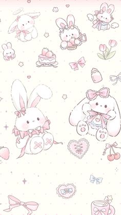 the wallpaper is decorated with pink and white bunnys, hearts, and other items