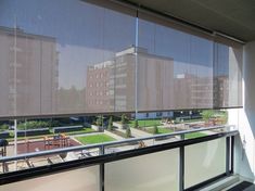 an open window with blinds on the outside, overlooking a city park and picnic tables