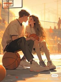 a man and woman sitting next to each other with basketballs on the ground in front of them