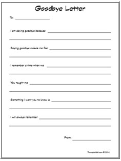 This grief activity involves writing a letter to your deceased loved one using this free letter template. This exercise can be incredibly therapeutic. Therapy Goodbye Activities, Therapy Activity For Adults, Goodbye Template, Therapy Notebook, Exit Interview, Counseling Worksheets, Goodbye Letter, Express Feelings, Child Life Specialist