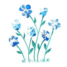 some blue flowers are in the grass on a white background with watercolor paint effect