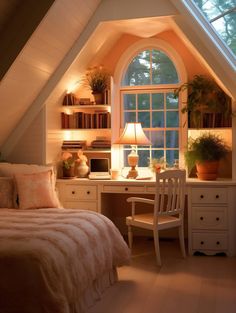 a bedroom with a bed, desk and window in the atticed room is lit by lights