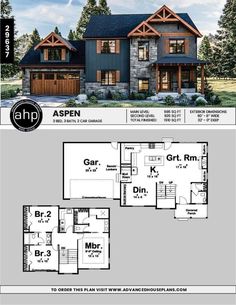 the aspen house plan is shown with two garages and three living areas, along with