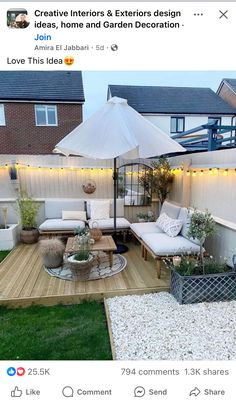 an outdoor living area with patio furniture and lights on the side of the house is featured in this instagram post