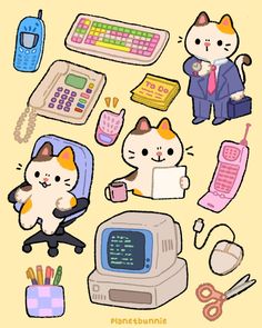 an image of various items that include cats and other things to be seen in this drawing