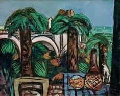 an oil painting of a table and chairs in front of the ocean with palm trees