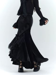 This dress beautifully combines dark aesthetics with elegance. It features a body-hugging fishtail design with an irregular hem that flatters the figure and elongates the legs. The dress is adorned with intricate rose embroidery and floral decorations that complement each other, along with lace trim, giving it a Gothic princess from a castle vibe! Fabric composition: 95% Polyester, 5% Spandex (Elastane). Model's measurements: Height 167cm, Weight 48kg, wearing size M. Asymmetrical Tiered Skirt, Burlesque Corset, High Low Gown, Black Velvet Skirt, Wedding After Party, Retro Skirt, Velvet Maxi Dress, Fishtail Skirt, Irregular Hem