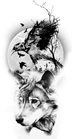 a drawing of a wolf in front of a full moon with birds flying around it