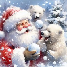 a painting of santa claus with polar bears