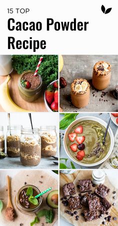 the top 15 cacao powder recipe is shown in four different pictures, including strawberries and chocolate