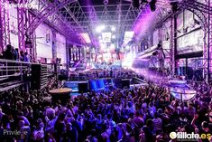 a large group of people standing in front of a stage with purple lights on it