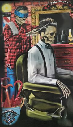 a painting of a skeleton sitting in front of a barber shop