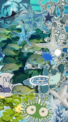 an underwater scene with fish, starfish and other marine creatures in blue water surrounded by algae