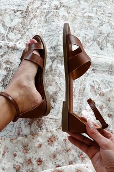 Color: Cognac Style: Flat Ankle Strap Sandal Adjustable Ankle Clasp H-Strap Cushioned Footbed Not Wide Foot Approved Runs True To Size Launched: 7/8/24 Ankle Strap Sandals, Strap Sandals, Cognac, Over 50, Ankle Strap, Product Launch, Running, Sandals, My Style