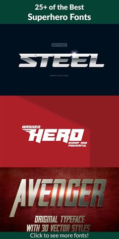 the avengers logo is shown in three different colors and font styles, including red, black,