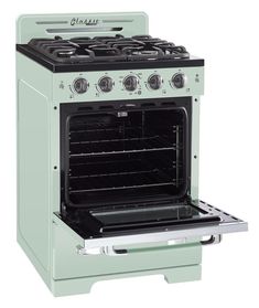 a green stove with two burners and one oven door open