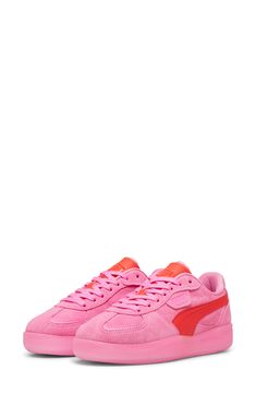 This low-key sneaker is an '80s-archival style that's revitalized in vibrantly hued suede with a bright Formstrip and translucent tooling. Lace-up style Removable insole Leather and synthetic upper/textile lining/rubber sole Imported Pink Sneakers Outfit, Pink Puma Shoes, Womens Pink Sneakers, Puma Palermo, Pink Pumas, 2021 Fashion, Pink Sneakers, Puma Shoes, Pumas Shoes