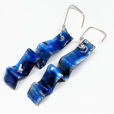 These Handcrafted Statement Earrings Are Made Of Copper With Layers Of Lead-Free Vitreous Enamel With A Kiln Firing After Each. They Are Have Accordion Folds And Are About 3" Long. They Have Sterling Silver Ear Wires. One Of A Kind And Brand New Without Tags Blue Enamel Dangle Jewelry, Modern Blue Metal Earrings, Unique Blue Dangle Earrings, Blue Unique Drop Earrings, Unique Blue Drop Earrings, Blue Enamel Jewelry With Matching Earrings, Blue Metal Earrings For Gift, Unique Blue Earrings, Unique Blue Metal Earrings