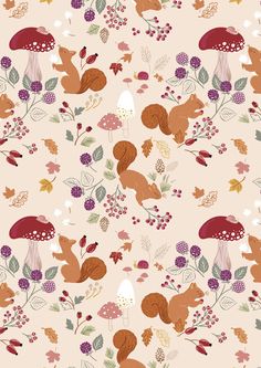 an animal and mushroom pattern on a pink background