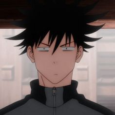 an anime character with black hair wearing a gray and black jacket looking at the camera