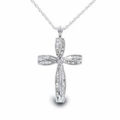 Ribbons of sterling silver run in rivulets around each other to create a bow style so exquisite and powerful. The diamond-saturated cross has 1/2 ct. t.w. of round and baguette diamonds in a channel setting that occupy each ribbon for its beautifully alternating appeal. Suspending in breathtaking allure, the cross pendant has an 18.0-inch rope chain with a spring-ring clasp. Hammered Silver Jewelry, Symbol Jewelry, Cross Necklaces, Sterling Silver Cross Pendant, Silver Cross Pendant, Diamond Cross Pendants, Diamond Cross, Silver Heart Necklace, Sterling Silver Cross