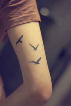 a woman's arm with three birds tattoo on the left side of her arm