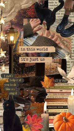 a collage with books, candles, and cats in the fall season is shown