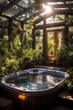 an indoor hot tub surrounded by plants and potted plants in the sunbeams