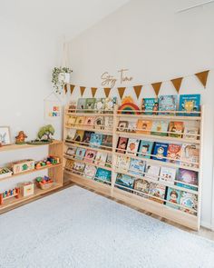 the children's bookshelves are full of books