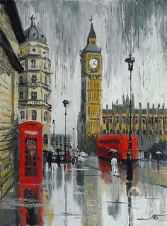 a painting of big ben in london on a rainy day with red double decker buses