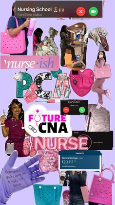 a collage of photos with the words nurse and nurses in pink, blue, green,