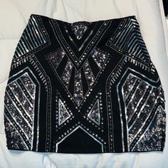 Nwt Black Sequin Express Skirt; Size Small; Never Worn Black Sequined Skirt For Club, Fitted Black Embellished Skirt, Black Sequined Mini Skirt For Club, Black Fitted Mini Skirt With Contrast Sequin, Glamorous Black Sequined Mini Skirt, Black Liner, Cute Dress Outfits, Denim Skirt Women, Black Sequins