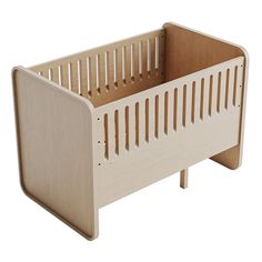 a wooden baby crib with slats on the bottom and sides, in front of a white background