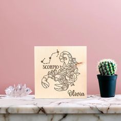 a wooden sign that says scoppo and flowers next to a cactus