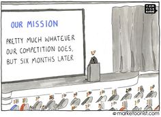 a cartoon depicting a man standing at a podium in front of a projection screen with the words our mission written on it