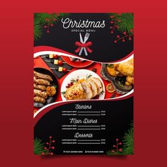 a christmas menu is shown on a red and black background