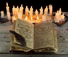 an open book sitting on top of a wooden table with candles in the shape of books