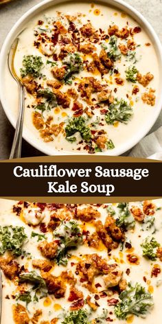 two bowls of cauliflower and kale soup with text overlay that says, cauliflower lover sausage