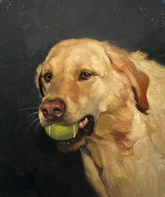 a painting of a dog with a tennis ball in its mouth