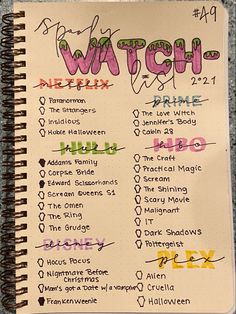 a spiral notebook with writing on it that says watch and the names of various characters